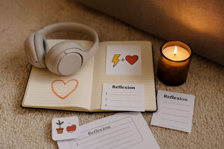 wut und ärger im familienalltag: kabelloser kopfhörer auf notizbuch mit herzsymbol, spickzettel mit blitz und herz, reflexionsbogen und meditationskerze auf sofa – symbol für elternbildung zu wut bei kindern.