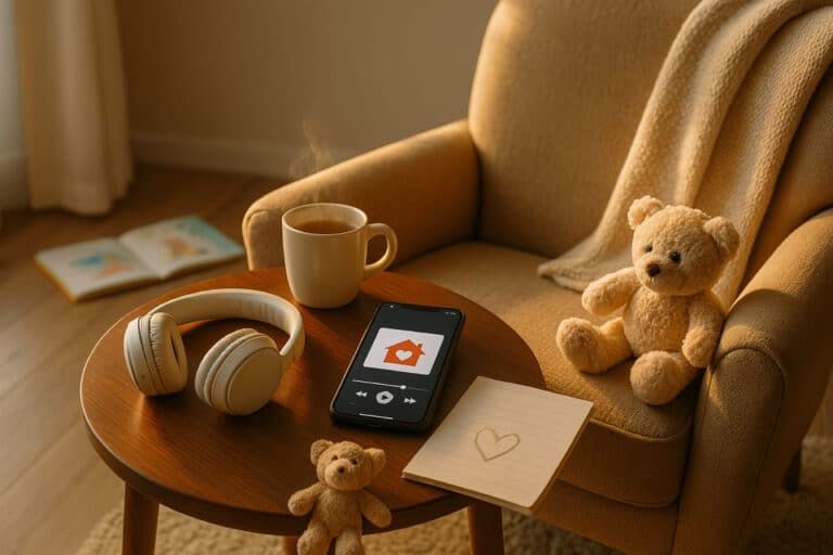 smartphone mit podcast-player und familien-logo auf beistelltisch neben lesesessel – symbolbild für den happyfam podcast im elternalltag