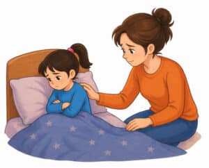 kind liegt abends im bett und wirkt nachdenklich, elternteil sitzt daneben und versucht zu verstehen, was das kind fühlt