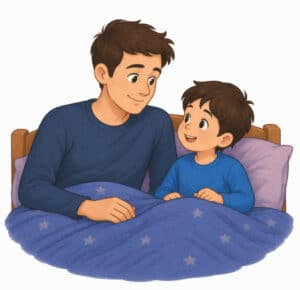 vater und kind sprechen gemeinsam über gefühle, während sie eine karte oder geschichte lesen und sich dabei anlächeln